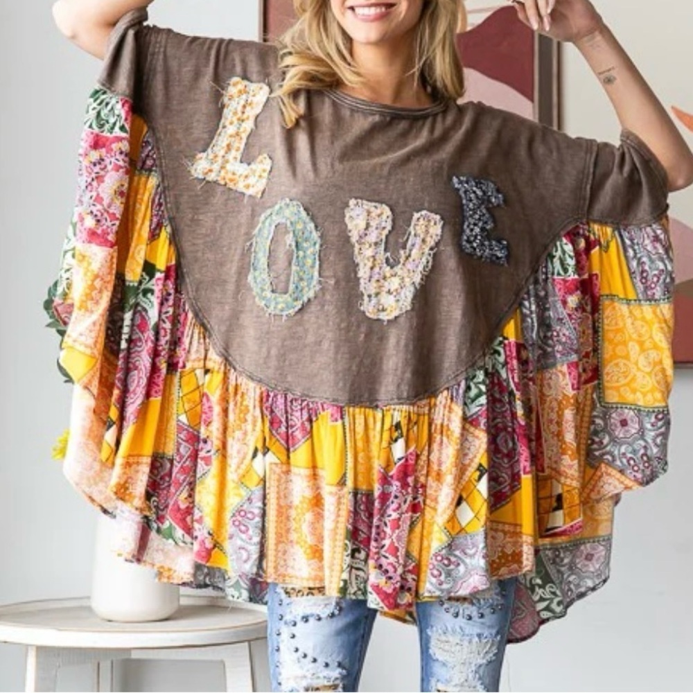Brown Flutter Sleeve Blouse with Ruffled Asymmetrical Design